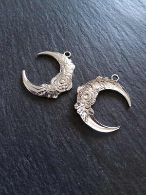 1 or 5 Stainless Steel Crescent Moon & Flower Pendants 30x26x3mm