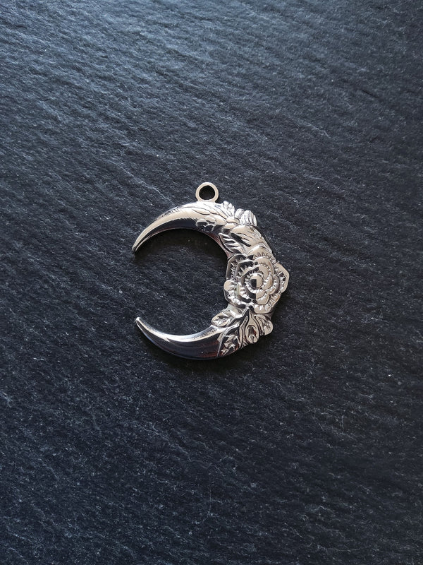 1 or 5 Stainless Steel Crescent Moon & Flower Pendants 30x26x3mm