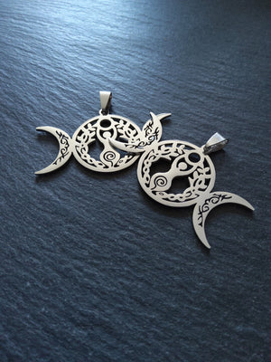 Large Stainless Steel Triple Moon Spiral Goddess Pendant 29x50.5x1.5mm - ContentedCatz