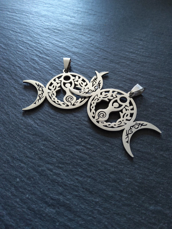 Large Stainless Steel Triple Moon Spiral Goddess Pendant 29x50.5x1.5mm - ContentedCatz