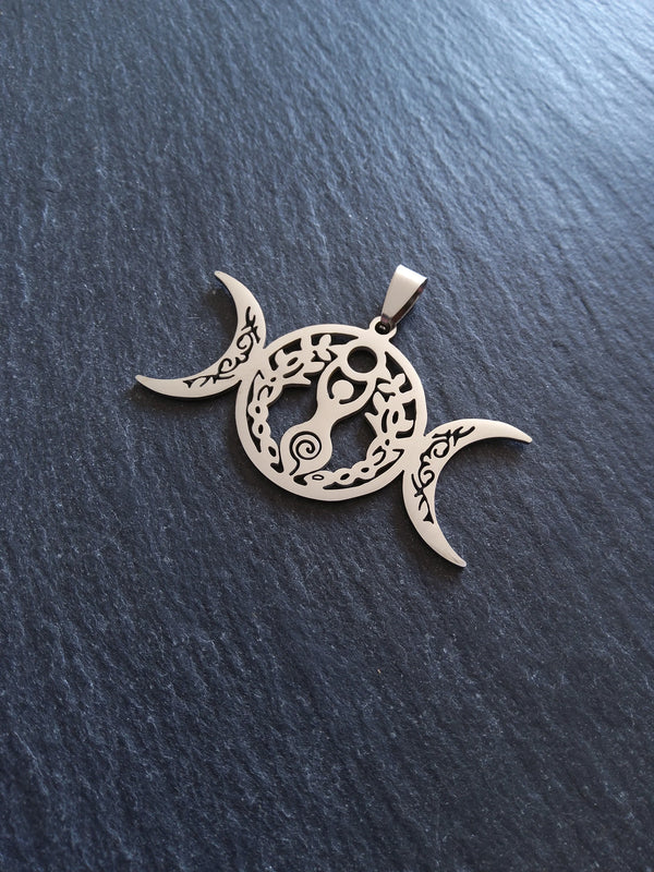 Large Stainless Steel Triple Moon Spiral Goddess Pendant 29x50.5x1.5mm - ContentedCatz