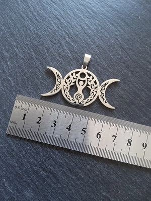 Large Stainless Steel Triple Moon Spiral Goddess Pendant 29x50.5x1.5mm - ContentedCatz