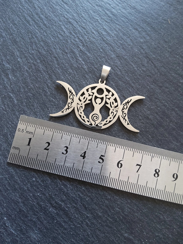 Large Stainless Steel Triple Moon Spiral Goddess Pendant 29x50.5x1.5mm - ContentedCatz