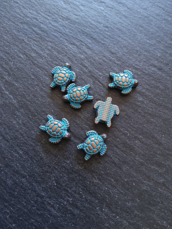10 or 50 Little Turtle Beads Antique Copper with Blue Patina 13x12mm Hole: 1.3mm