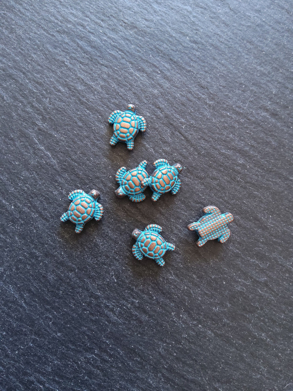 10 or 50 Little Turtle Beads Antique Copper with Blue Patina 13x12mm Hole: 1.3mm