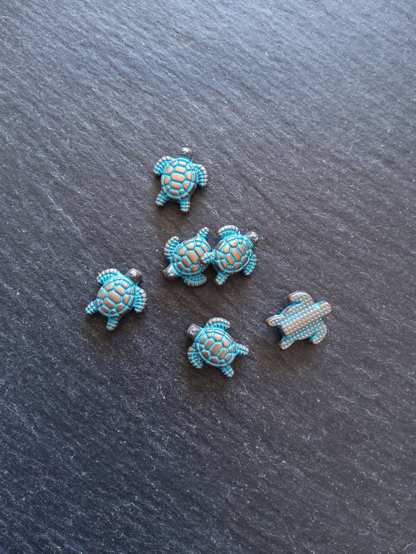 10 or 50 Little Turtle Beads Antique Copper with Blue Patina 13x12mm Hole: 1.3mm