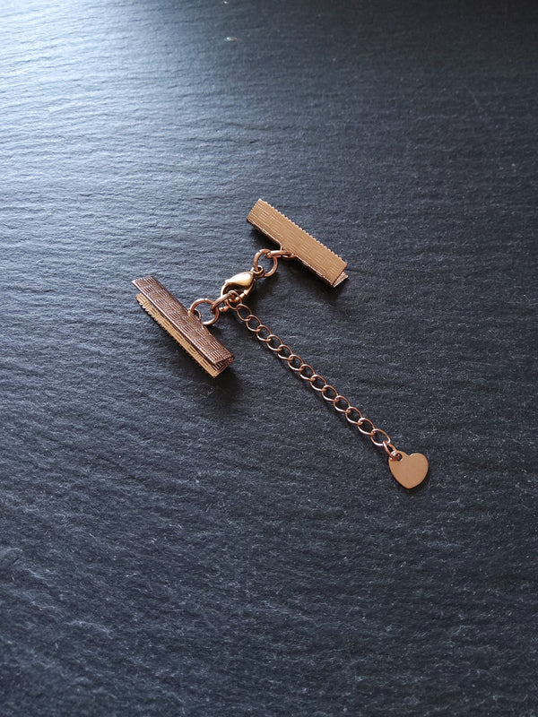 Rose Gold Stainless Steel Crimp End Sets for 25mm (1 inch) Ribbon with Heart Extender Chain