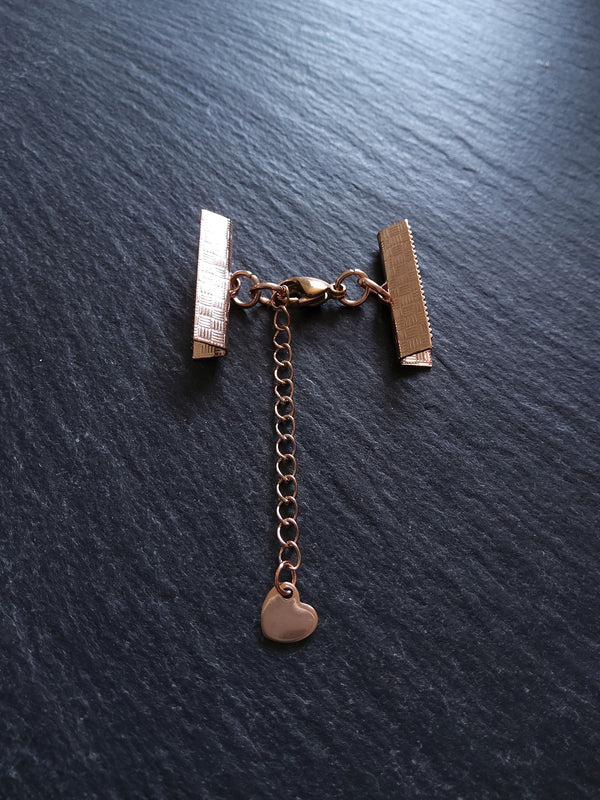 Rose Gold Stainless Steel Crimp End Sets for 25mm (1 inch) Ribbon with Heart Extender Chain