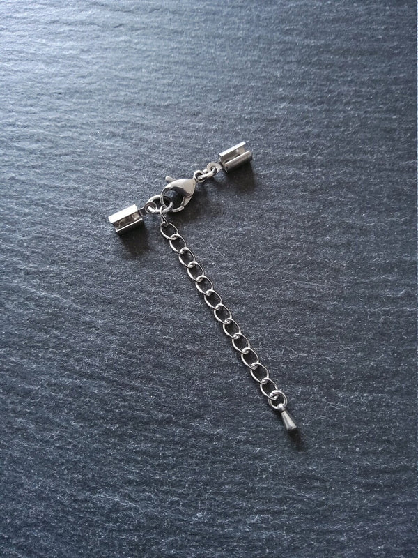 Stainless Steel Crimp End sets for 3mm to 3.5mm Round Cord with (or without) Extender Chain