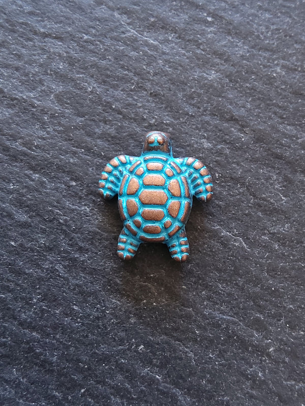 10 or 50 Little Turtle Beads Antique Copper with Blue Patina 13x12mm Hole: 1.3mm