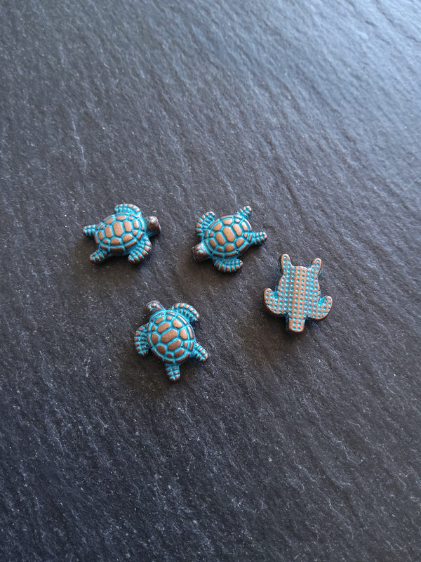10 or 50 Little Turtle Beads Antique Copper with Blue Patina 13x12mm Hole: 1.3mm