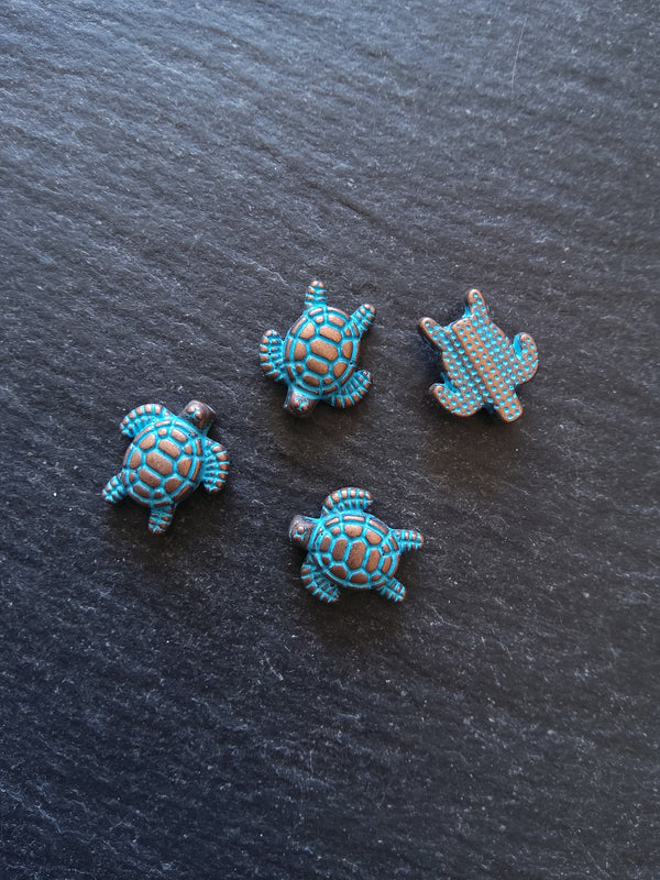 10 or 50 Little Turtle Beads Antique Copper with Blue Patina 13x12mm Hole: 1.3mm