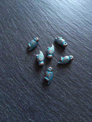 10 or 50 Antique Copper Tone Owl Beads With Blue Patina 8x16x5mm Hole: 1.4mm
