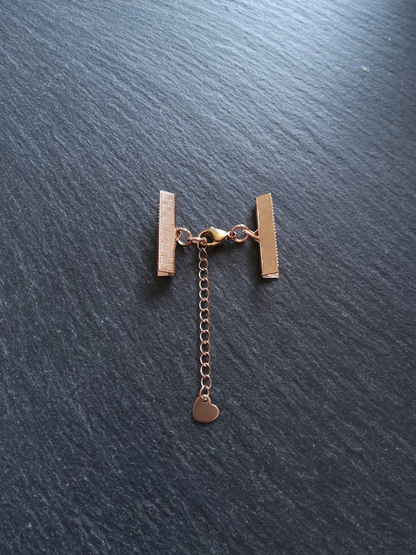Rose Gold Stainless Steel Crimp End Sets for 25mm (1 inch) Ribbon with Heart Extender Chain