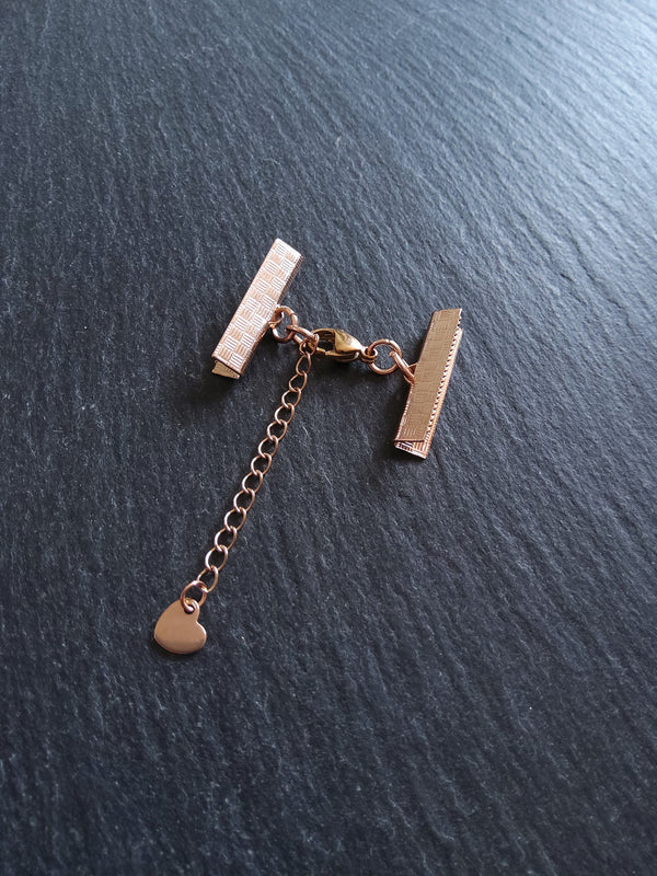 Rose Gold Stainless Steel Crimp End Sets for 25mm (1 inch) Ribbon with Heart Extender Chain