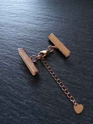 Rose Gold Stainless Steel Crimp End Sets for 25mm (1 inch) Ribbon with Heart Extender Chain