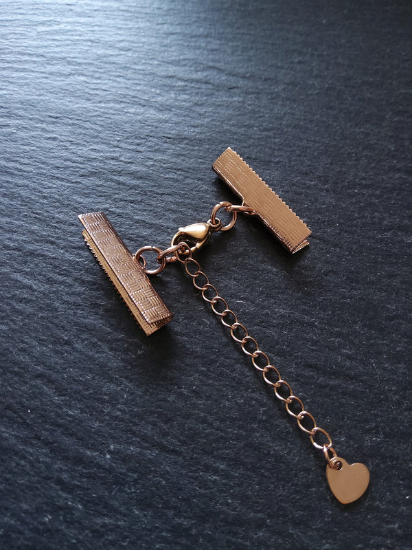Rose Gold Stainless Steel Crimp End Sets for 25mm (1 inch) Ribbon with Heart Extender Chain