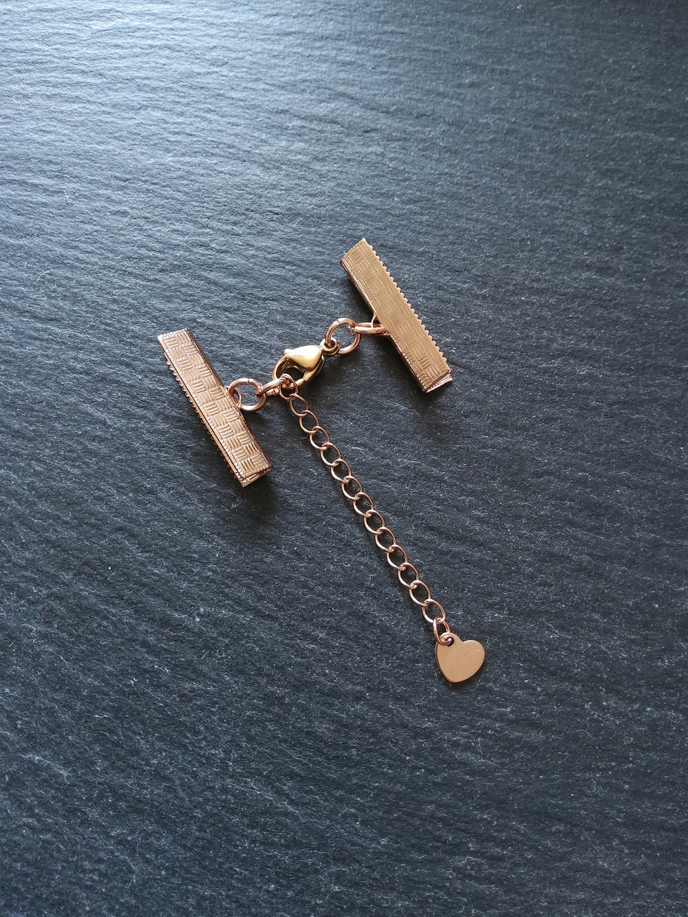 Rose Gold Stainless Steel Crimp End Sets for 25mm (1 inch) Ribbon with Heart Extender Chain