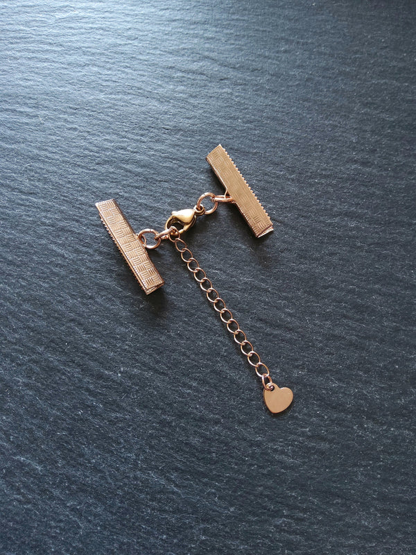 Rose Gold Stainless Steel Crimp End Sets for 25mm (1 inch) Ribbon with Heart Extender Chain
