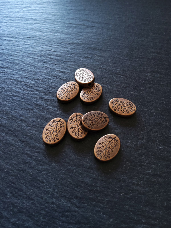 8 or 40 Antique Copper Tone Flattened Oval Shaped Tree Beads 14x10x3mm