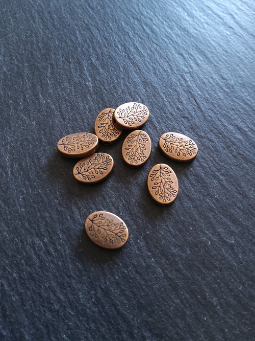 8 or 40 Antique Copper Tone Flattened Oval Shaped Tree Beads 14x10x3mm