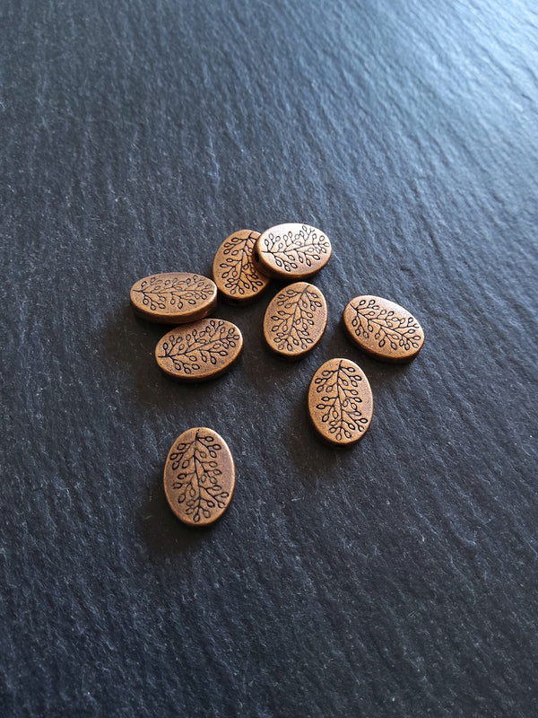 8 or 40 Antique Copper Tone Flattened Oval Shaped Tree Beads 14x10x3mm