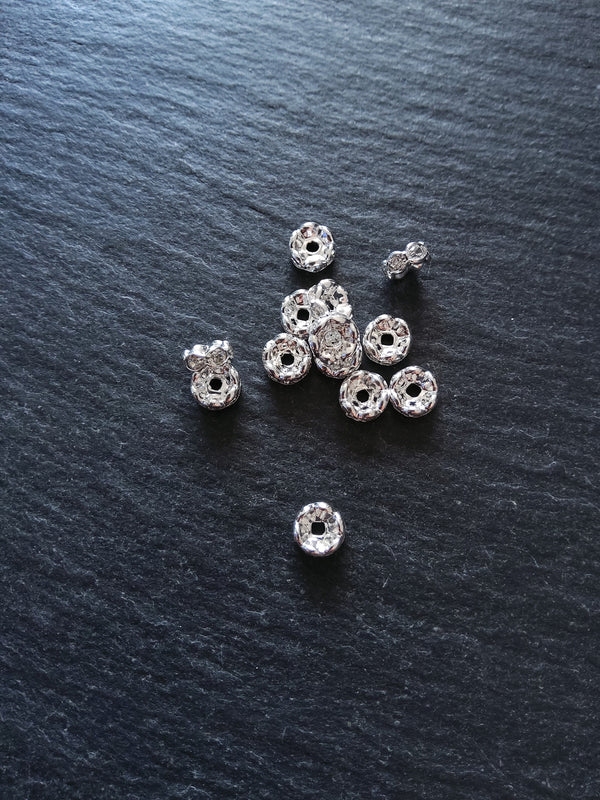 10 or 50 Silver Plated 6mm Clear Rhinestone Wavy Edge Spacer Beads 6x3mm Nickel FREE
