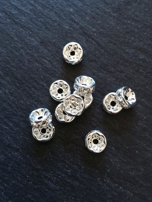 10 or 50 Silver Plated 8mm Clear Rhinestone Straight Edge Spacer Beads 8x3.8mm Nickel FREE