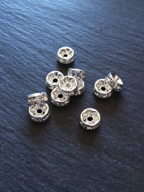 10 or 50 Silver Plated 8mm Clear Rhinestone Straight Edge Spacer Beads 8x3.8mm Nickel FREE