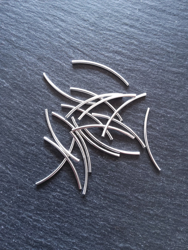 Genuine 925 Sterling Silver Plated Brass 30mm Curved Tube Spacer Beads 30x2mm Hole: 1.5mm