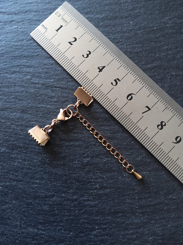 Rose Gold Stainless Steel Crimp End Sets for 8mm (3/4 inch) Ribbon with Extender Chain