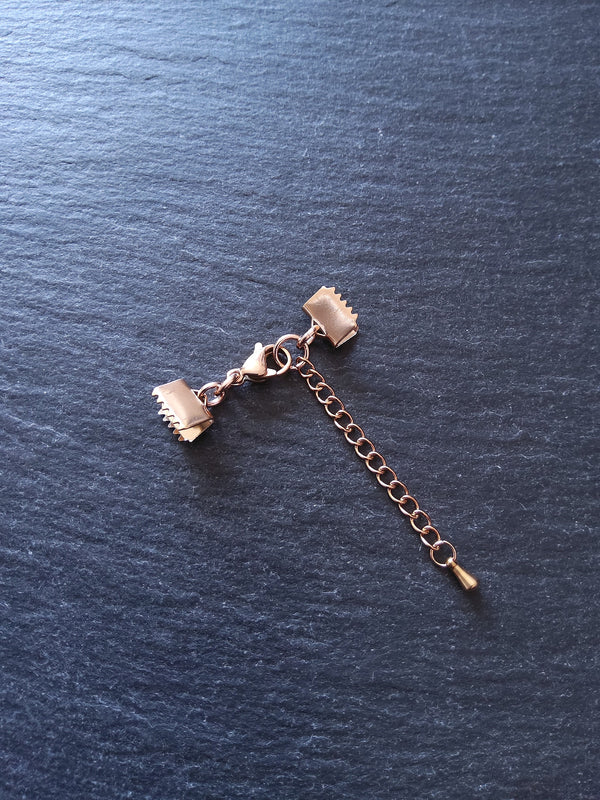 Rose Gold Stainless Steel Crimp End Sets for 8mm (3/4 inch) Ribbon with Extender Chain