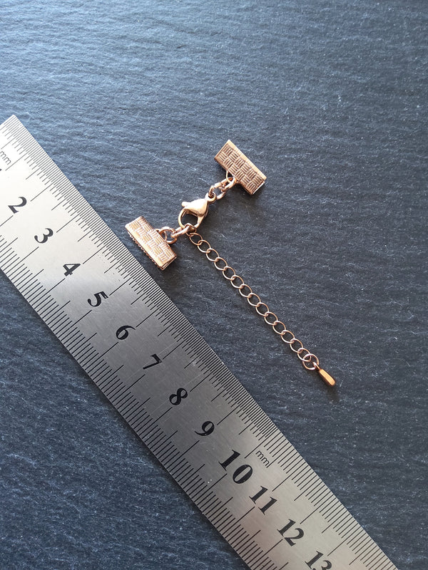 Rose Gold Stainless Steel Crimp End Sets for 13mm (1/2 inch) Ribbon with Extender Chain - ContentedCatz