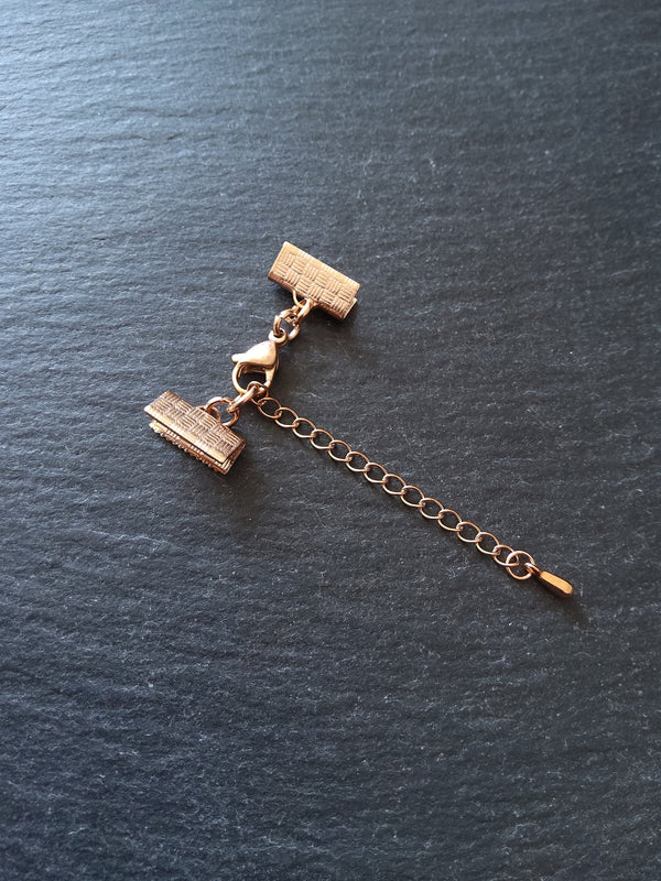 Rose Gold Stainless Steel Crimp End Sets for 13mm (1/2 inch) Ribbon with Extender Chain - ContentedCatz