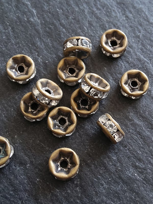 10 or 50 Antique Bronze 6mm Clear Rhinestone Straight Edge Spacer Beads 6x3mm Nickel FREE