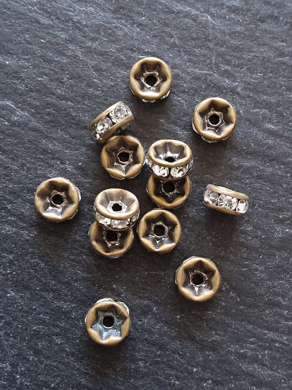 10 or 50 Antique Bronze 6mm Clear Rhinestone Straight Edge Spacer Beads 6x3mm Nickel FREE