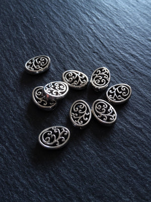 10 or 50 Flattened Oval Beads Antique Silver Tone 12x10mm 3.5mm Wide