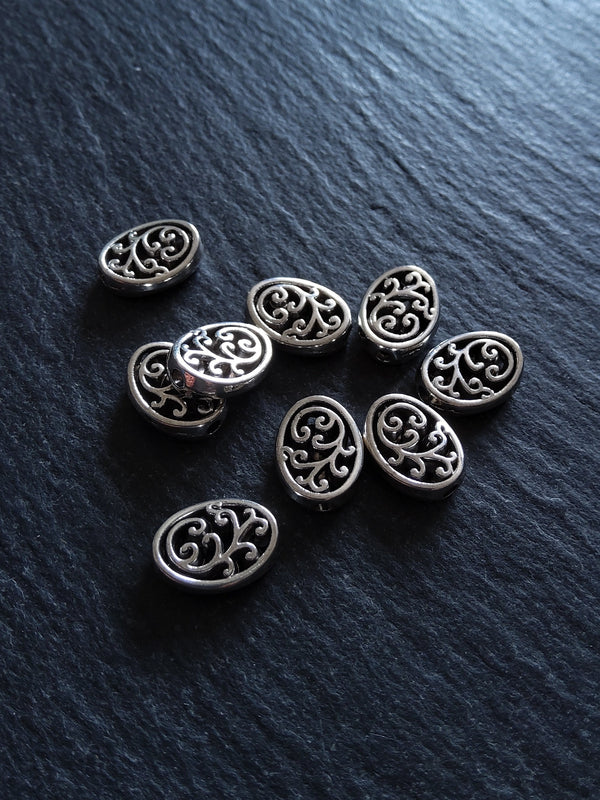 10 or 50 Flattened Oval Beads Antique Silver Tone 12x10mm 3.5mm Wide