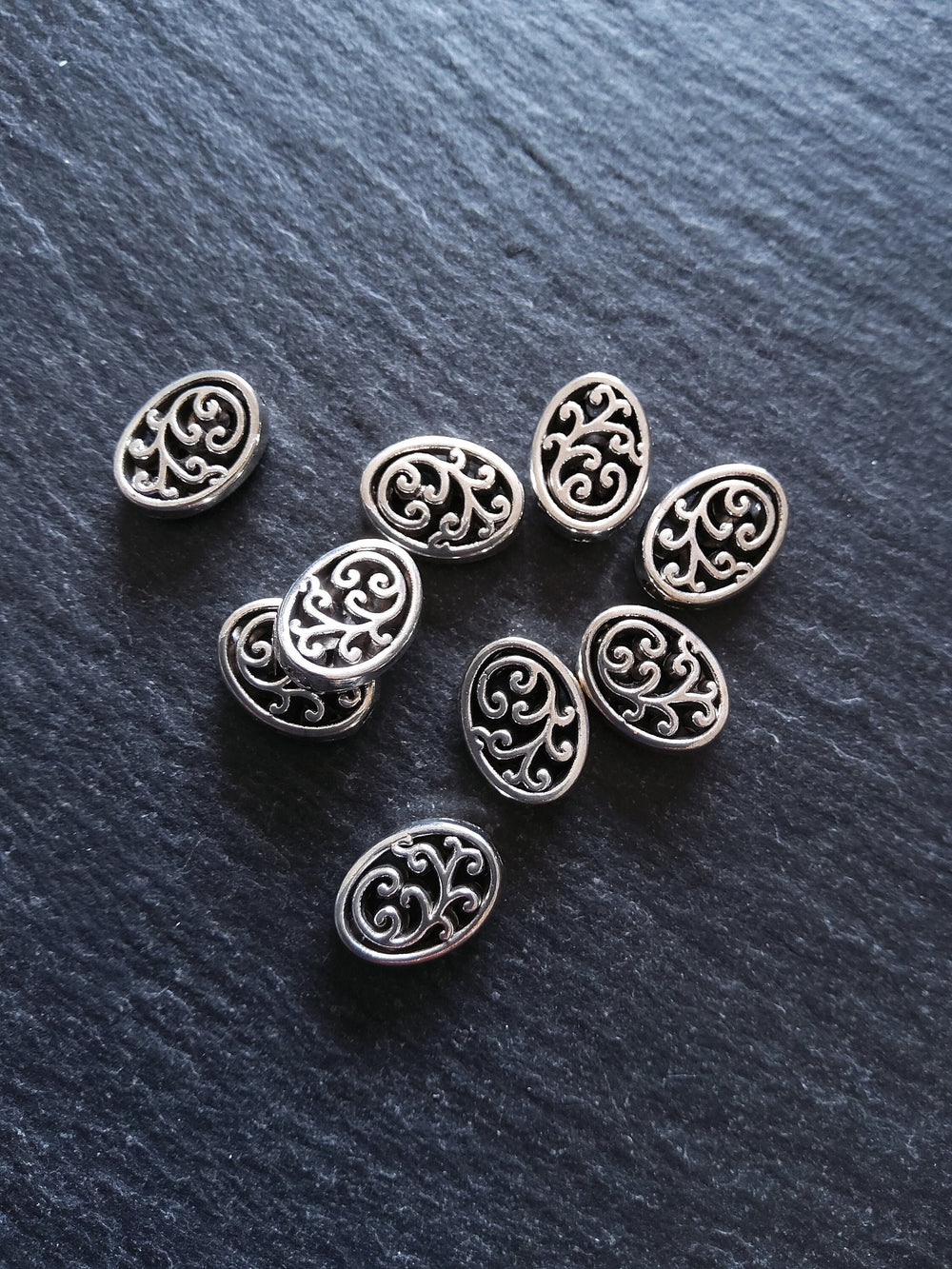 10 or 50 Flattened Oval Beads Antique Silver Tone 12x10mm 3.5mm Wide