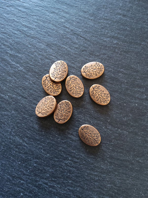 8 or 40 Antique Copper Tone Flattened Oval Shaped Tree Beads 14x10x3mm