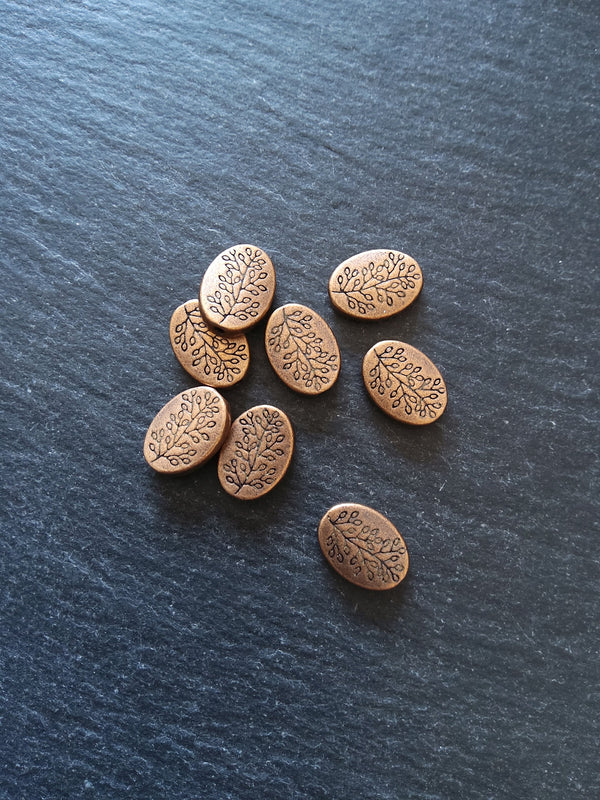 8 or 40 Antique Copper Tone Flattened Oval Shaped Tree Beads 14x10x3mm