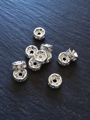 10 or 50 Silver Plated 8mm Clear Rhinestone Straight Edge Spacer Beads 8x3.8mm Nickel FREE