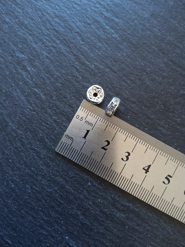 10 or 50 Silver Plated 8mm Clear Rhinestone Straight Edge Spacer Beads 8x3.8mm Nickel FREE