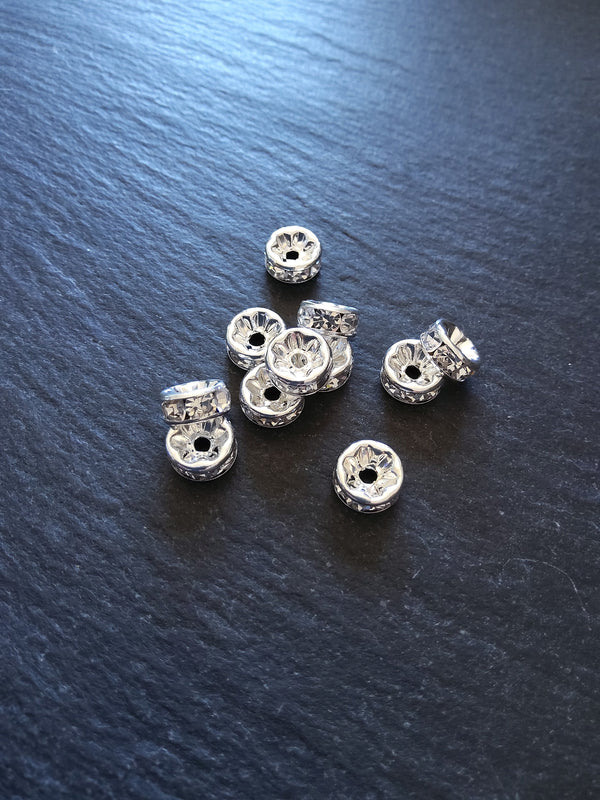 10 or 50 Silver Plated 8mm Clear Rhinestone Straight Edge Spacer Beads 8x3.8mm Nickel FREE