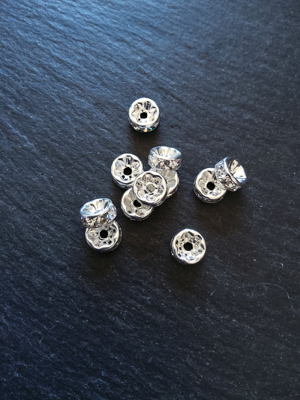 10 or 50 Silver Plated 8mm Clear Rhinestone Straight Edge Spacer Beads 8x3.8mm Nickel FREE