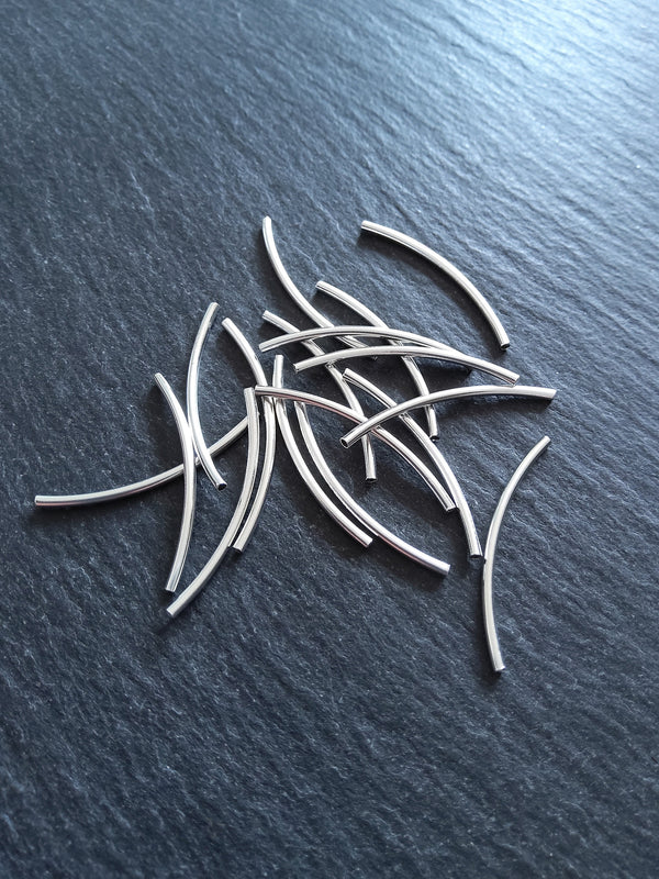 Genuine 925 Sterling Silver Plated Brass 30mm Curved Tube Spacer Beads 30x2mm Hole: 1.5mm