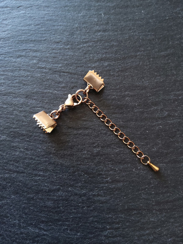 Rose Gold Stainless Steel Crimp End Sets for 8mm (3/4 inch) Ribbon with Extender Chain