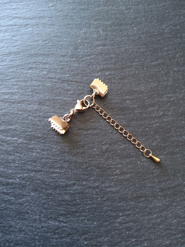 Rose Gold Stainless Steel Crimp End Sets for 8mm (3/4 inch) Ribbon with Extender Chain