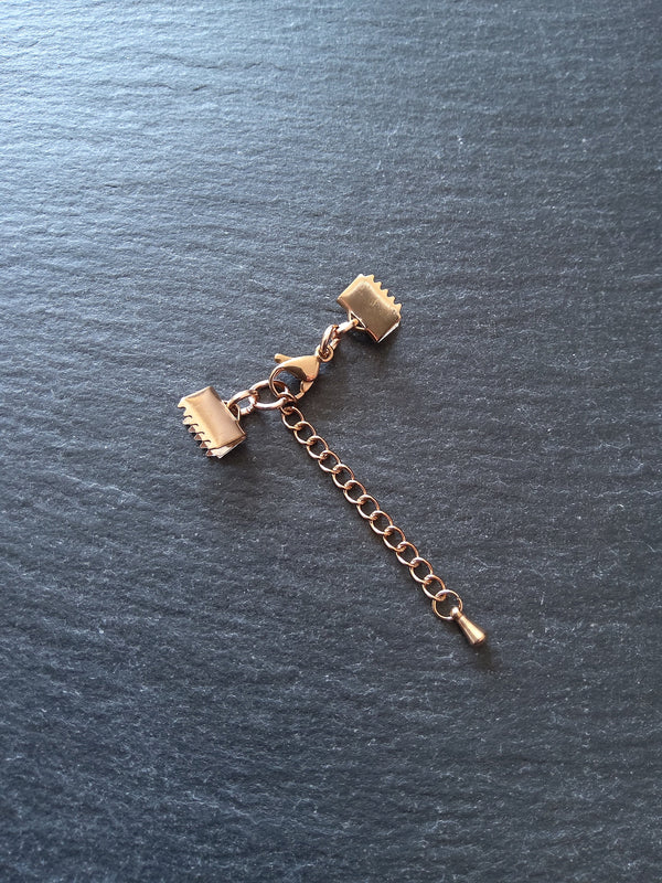 Rose Gold Stainless Steel Crimp End Sets for 8mm (3/4 inch) Ribbon with Extender Chain