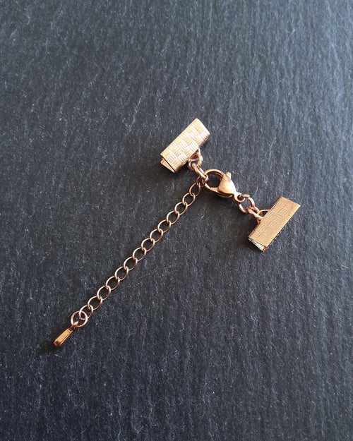 Rose Gold Stainless Steel Crimp End Sets for 13mm (1/2 inch) Ribbon with Extender Chain - ContentedCatz